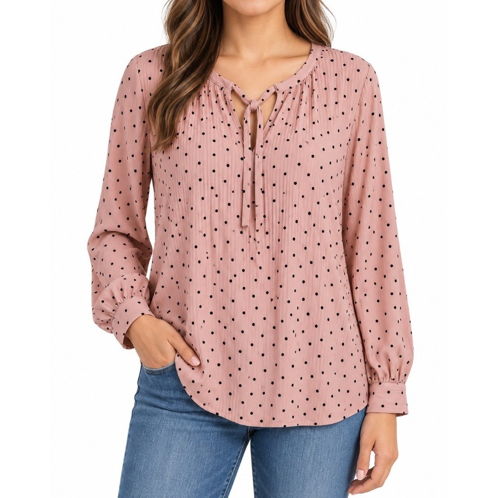Adrianna Papell Womens Blouse Pink Polka Dot Tie Neck Long Sleeve Top L